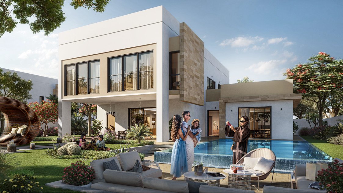 Aerial view of The Dahlias villas nestled within the green landscapes of Yas Acres, Abu Dhabi